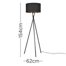 ValueLights Camden Black Metal Tripod Floor Lamp with Black & Gold Lamp Shade - thumbnail 5