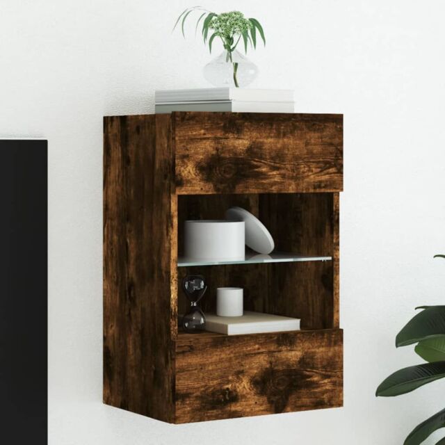 Berkfield Home TV Wall Cabinet with LED Lights Smoked Oak 40x30x60.5 cm in Brown - image 1