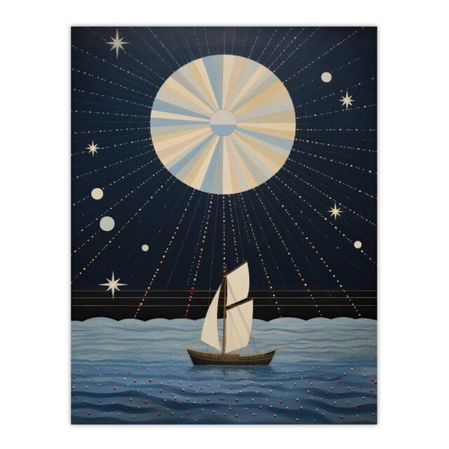 "Wee Blue Coo Wall Art Print Sailing Into The Moonlight Boat in Full Moon Seascape Blue Tan Oil Painting Poster in Dark Blue - Size: W18"" x H24""" - image 1