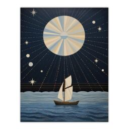 "Wee Blue Coo Wall Art Print Sailing Into The Moonlight Boat in Full Moon Seascape Blue Tan Oil Painting Poster in Dark Blue - Size: W18"" x H24""" - thumbnail 1