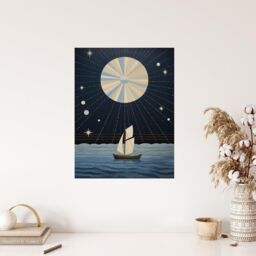 "Wee Blue Coo Wall Art Print Sailing Into The Moonlight Boat in Full Moon Seascape Blue Tan Oil Painting Poster in Dark Blue - Size: W18"" x H24""" - thumbnail 4
