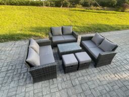 Fimous 6pc Rattan Sofa Garden Furniture Outdoor Patio Set with 2 Small Footstools Double Seat Sofa Dark Grey Mixed - thumbnail 2