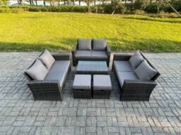 Fimous 6pc Rattan Sofa Garden Furniture Outdoor Patio Set with 2 Small Footstools Double Seat Sofa Dark Grey Mixed - thumbnail 1