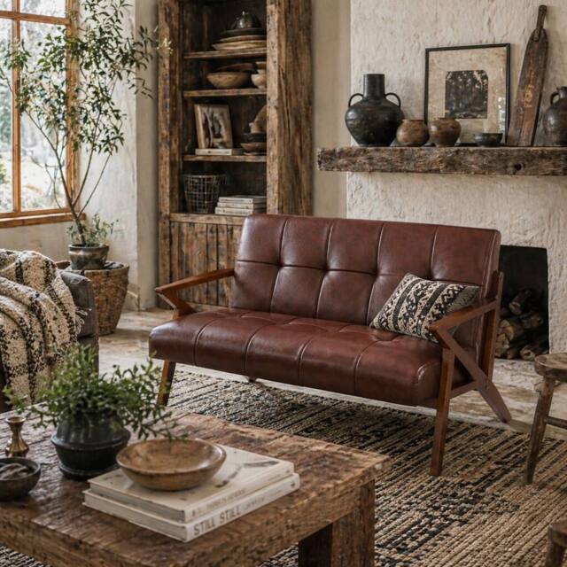 Wyld Haus Kara Brown Faux Leather Tufted 2 Seater Compact Loveseat - image 1