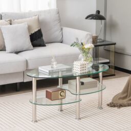 Costway 3-Tire Modern Oval Tea Table Smooth Glass Coffee Table Sofa End Side Table in Clear - thumbnail 2