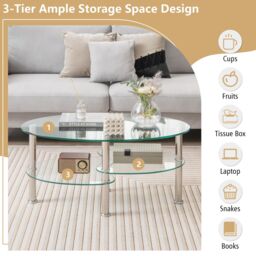 Costway 3-Tire Modern Oval Tea Table Smooth Glass Coffee Table Sofa End Side Table in Clear - thumbnail 4