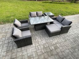 Fimous Rattan Garden Furniture Sets 7 Seater Patio Outdoor Rising Lifting Table Sofa Set with Double Seat Sofa Side Table in Dark Grey - thumbnail 2