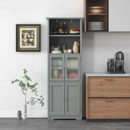 Gymax 163cm Tall Bathroom Cabinet Kitchen Cupboard With Adjustable Shelves in Grey - thumbnail 5