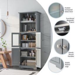 Gymax 163cm Tall Bathroom Cabinet Kitchen Cupboard With Adjustable Shelves in Grey - thumbnail 6