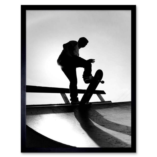 "Artery8 Photography Sport Skateboarding Skater Silhouette Framed Art Print in Grey - Size: W12"" x H16""" - image 1