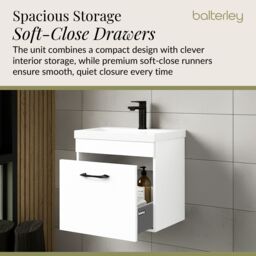 Balterley 1 Drawer Bathroom Wall Hung Vanity Basin Unit White Black Handle 500mm - thumbnail 4