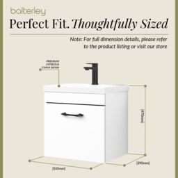 Balterley 1 Drawer Bathroom Wall Hung Vanity Basin Unit White Black Handle 500mm - thumbnail 5
