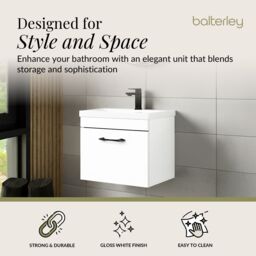 Balterley 1 Drawer Bathroom Wall Hung Vanity Basin Unit White Black Handle 500mm - thumbnail 2
