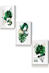 ARTZE Abstract Green Gold Botanical Framed Wall Art - Small in White - Size: W33 cm x H45 cm x D20mm