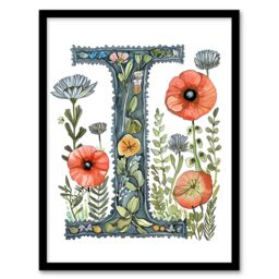 Artery8 Women's Wall Art Print Letter I in Watercolour Wildflowers Poppy Bouquet Floral Word Art Framed - Size: A4 - thumbnail 1