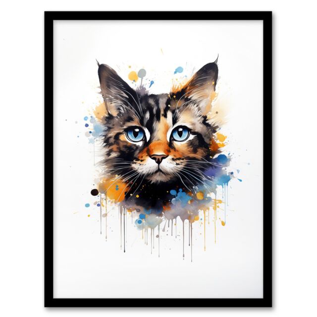 "Artery8 Wall Art Print Tortoiseshell Cat Lovers Gift Watercolour Pet Portrait Painting Artwork Art Framed - Size: W12"" x H16""" - image 1