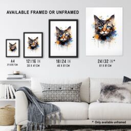 "Artery8 Wall Art Print Tortoiseshell Cat Lovers Gift Watercolour Pet Portrait Painting Artwork Art Framed - Size: W12"" x H16""" - thumbnail 3