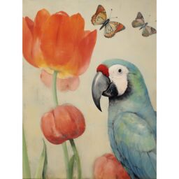 "Artery8 Wall Art Print Parrot & Tulips Flowers Butterflies Pastel Colour Artwork Floral Spring Oil Painting Poster in Beige - Size: W12"" x H16""" - thumbnail 1