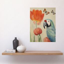 "Artery8 Wall Art Print Parrot & Tulips Flowers Butterflies Pastel Colour Artwork Floral Spring Oil Painting Poster in Beige - Size: W12"" x H16""" - thumbnail 2