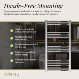 Balterley Straight Heated Towel Rail Radiator, 440W, 600 x 1200mm, Chrome in Silver - thumbnail 4