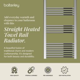 Balterley Straight Heated Towel Rail Radiator, 440W, 600 x 1200mm, Chrome in Silver - thumbnail 2