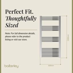 Balterley Straight Heated Towel Rail Radiator, 440W, 600 x 1200mm, Chrome in Silver - thumbnail 5