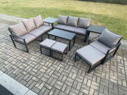 Fimous Aluminium 9 Pieces Garden Furniture Set with Cushions 10 Seater Outdoor Patio Lounge Sofa Set with Armchair 3 Footstools 2 Side Tables - thumbnail 1
