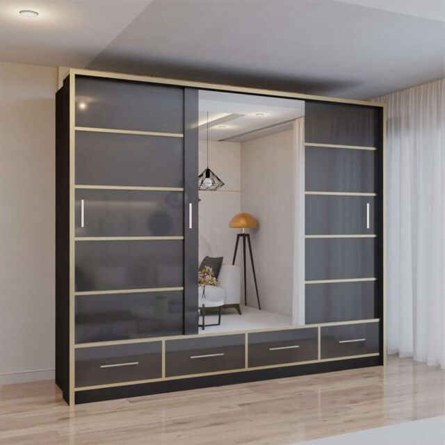 Sliding Wardrobes 4U Modern High Gloss Sliding Wardrobe with LED Light 253cm x 220cm in Black - Size: 253 cm x 220 cm - image 1