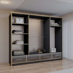 Sliding Wardrobes 4U Modern High Gloss Sliding Wardrobe with LED Light 253cm x 220cm in Black - Size: 253 cm x 220 cm - thumbnail 2