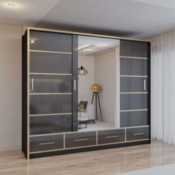 Sliding Wardrobes 4U Modern High Gloss Sliding Wardrobe with LED Light 253cm x 220cm in Black - Size: 253 cm x 220 cm