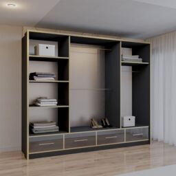 Sliding Wardrobes 4U Modern High Gloss Sliding Wardrobe with LED Light 253cm x 220cm in Black - Size: 253 cm x 220 cm - thumbnail 3