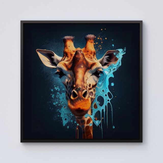 Warren Reed - Designer Blue Giraffe Face Splashart Framed Canvas in Black - Size: w40 inch x h40 inch - image 1