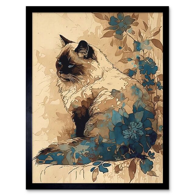 "Artery8 Wall Art Print Ragdoll Cat with Floral Patterns Watercolour Art Framed in Black - Size: W12"" x H16""" - image 1