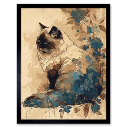 "Artery8 Wall Art Print Ragdoll Cat with Floral Patterns Watercolour Art Framed in Black - Size: W12"" x H16""" - thumbnail 1