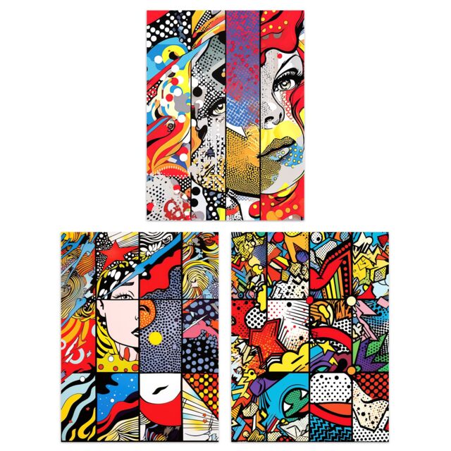 "Artery8 Wall Art Print Set of 3 Abstract Pop Artwork Woman Face Comic Book Strip Style Vibrant Patterns Living Room Poster s Pack - Size: W12"" x H16""" - image 1