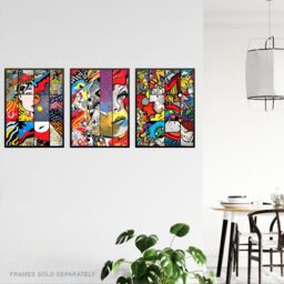 "Artery8 Wall Art Print Set of 3 Abstract Pop Artwork Woman Face Comic Book Strip Style Vibrant Patterns Living Room Poster s Pack - Size: W12"" x H16""" - thumbnail 3