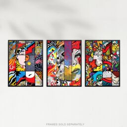 "Artery8 Wall Art Print Set of 3 Abstract Pop Artwork Woman Face Comic Book Strip Style Vibrant Patterns Living Room Poster s Pack - Size: W12"" x H16""" - thumbnail 5