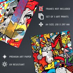 "Artery8 Wall Art Print Set of 3 Abstract Pop Artwork Woman Face Comic Book Strip Style Vibrant Patterns Living Room Poster s Pack - Size: W12"" x H16""" - thumbnail 4
