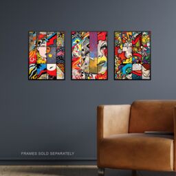 "Artery8 Wall Art Print Set of 3 Abstract Pop Artwork Woman Face Comic Book Strip Style Vibrant Patterns Living Room Poster s Pack - Size: W12"" x H16""" - thumbnail 2