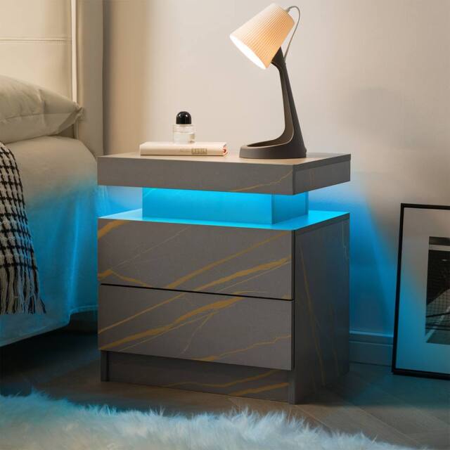 Direct Wicker LED Nightstand Bedside Modern Cabinet with Stone Pattern Decoration in Grey - Size: 1 Pack - image 1