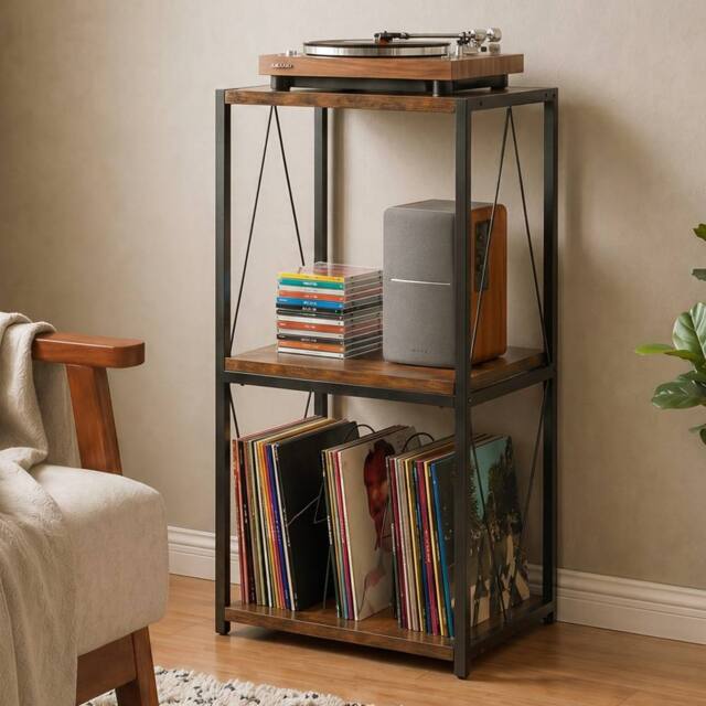 Levede Record Player Stand, Side Table with Vinyl Storage, 3-Tier, Wood, Brown - image 1