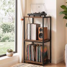 Levede Record Player Stand, Side Table with Vinyl Storage, 3-Tier, Wood, Brown - thumbnail 3