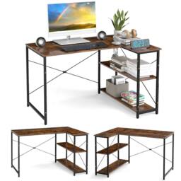 Gymax L-shaped Desk Reversible Corner Computer Desk With Adjustable Shelf in Brown - thumbnail 1