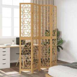 Berkfield Home Room Divider 4 Panels Brown Solid Wood Paulownia in Light Tan - thumbnail 2