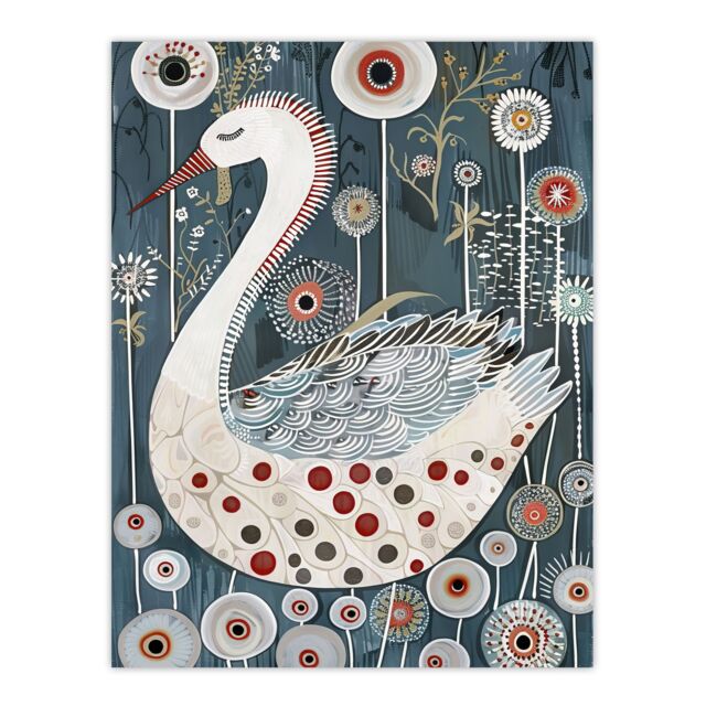 "Artery8 Cute Abstract Swan Floral Blue Red White Painting Wall Art Print - Size: W24"" x H32""" - image 1