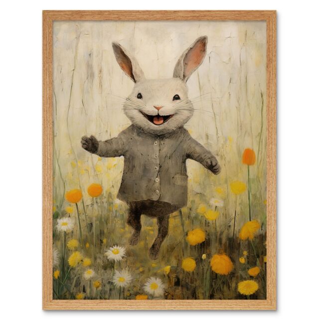 "Artery8 Wall Art Print Raincoat Rabbit Happy Bunny Flower Meadow Kids Girls Bedroom Nursery Artwork Art Framed in Light Oak - Size: W12"" x H16""" - image 1