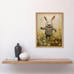 "Artery8 Wall Art Print Raincoat Rabbit Happy Bunny Flower Meadow Kids Girls Bedroom Nursery Artwork Art Framed in Light Oak - Size: W12"" x H16""" - thumbnail 2
