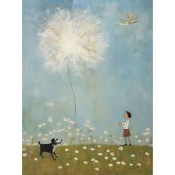 Artery8 Wall Art Print Chasing the Giant Dandelion Dream Artwork Giant Wish Oil Painting Kids Bedroom Child & Pet Dog in Daisy Field Poster - thumbnail 1