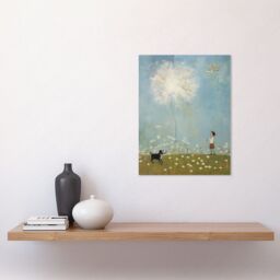 Artery8 Wall Art Print Chasing the Giant Dandelion Dream Artwork Giant Wish Oil Painting Kids Bedroom Child & Pet Dog in Daisy Field Poster - thumbnail 2