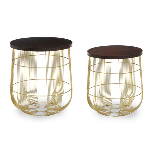 Orsina Set Of 2 Round Side Tables, Walnut Mango Wood Top With Brass Finish Iron Base, Art Deco Accent Tables in Gold - image 1